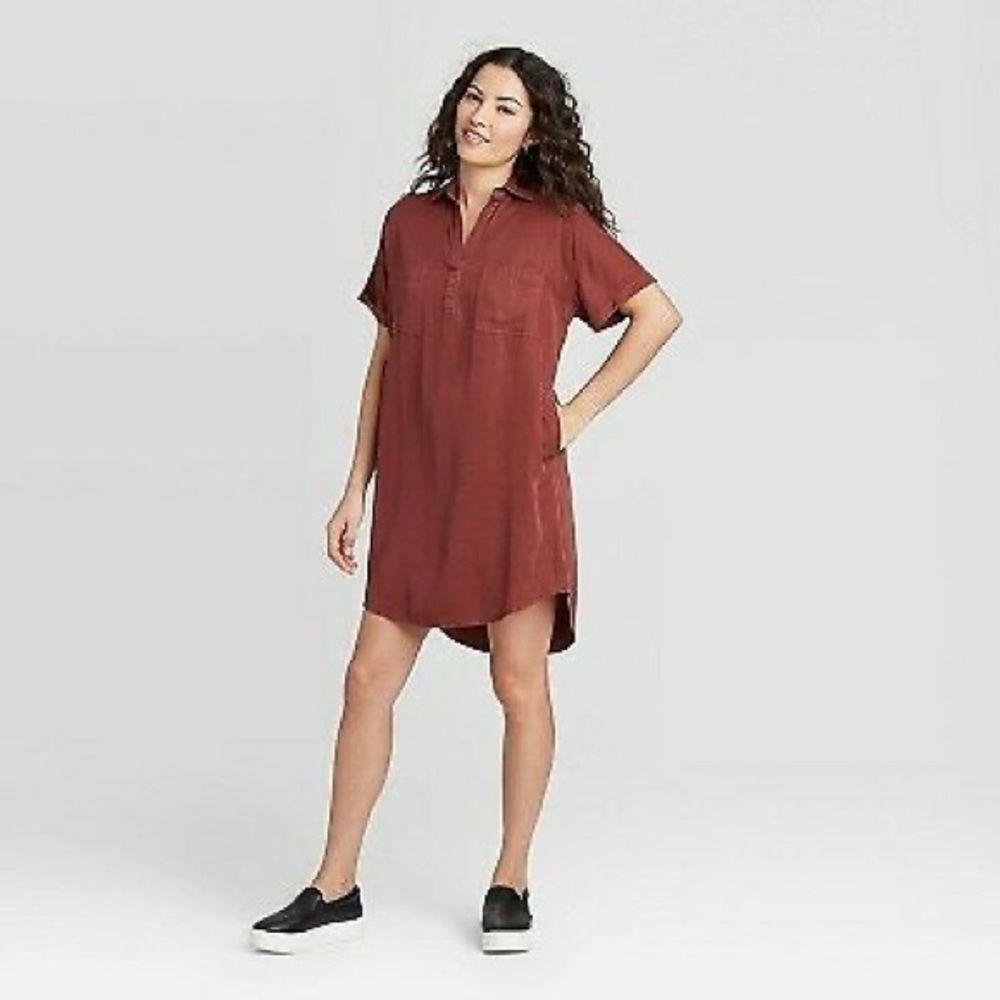 Burgundy Short Sleeve Shirt Dress